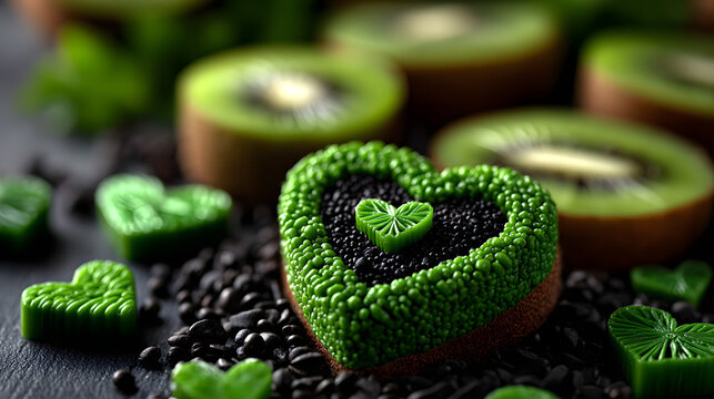 Kiwi in Herzform mit schwarzem Sesam und Gl&uuml;cksklee als kreatives Food-Arrangement
