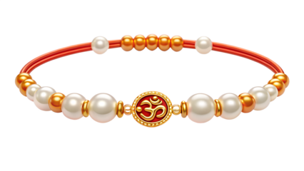 Traditional Raksha Bandhan Rakhi with Om symbol, adorned with pearls and beads, symbolizing Indian culture and brother-sister bond