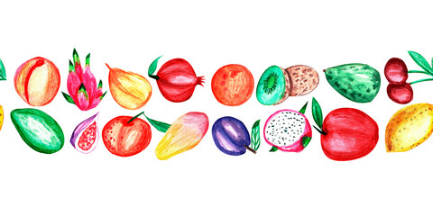 Border with different fruits and leaves. Watercolor compositions, banners, patterns. For decor, invitations, websites, printing, textiles