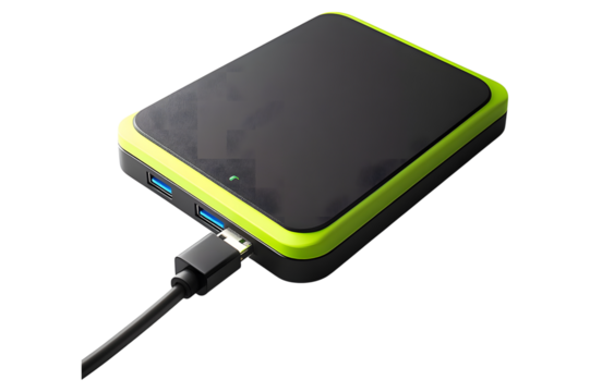 Modern black and green portable power bank connected to a charging cable isolated on transparent background