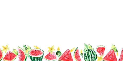 Watermelon and leaf border. Watercolor compositions, banners, patterns. For decor, invitations, websites, printing, textiles.