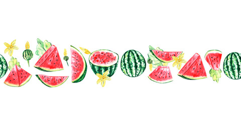 Watermelon and leaf border. Watercolor compositions, banners, patterns. For decor, invitations, websites, printing, textiles.