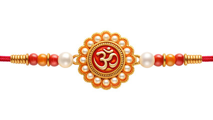 Traditional Raksha Bandhan Rakhi with Om symbol, adorned with pearls and beads, symbolizing Indian culture and brother-sister bond