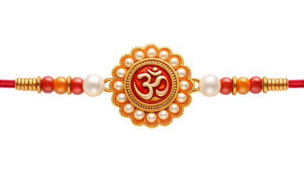 Traditional Raksha Bandhan Rakhi with Om symbol, adorned with pearls and beads, symbolizing Indian culture and brother-sister bond