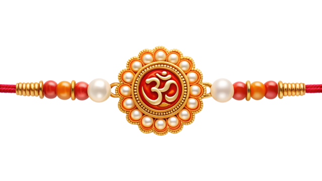 Traditional Raksha Bandhan Rakhi with Om symbol, adorned with pearls and beads, symbolizing Indian culture and brother-sister bond