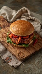 Gourmet chicken sandwich with spicy peppers and crisp lettuce on wooden board