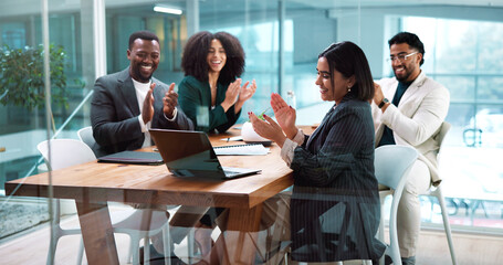 Applause, laptop and business people in meeting in office with celebration for finance, goal or...