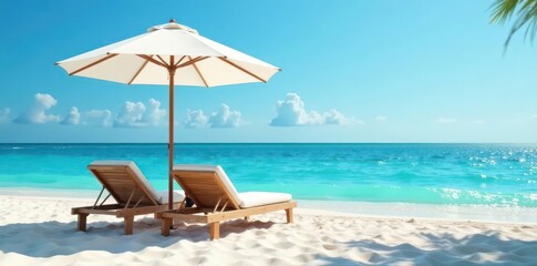 Obraz premium White umbrella over two sunbeds on sandy beach , water, furniture