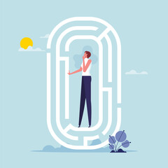 Find way out of difficult situation or solving business problem concept, businesswoman in the middle of maze labyrinth finding exit or the way out