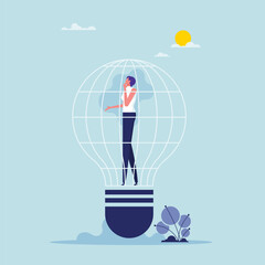 Fixed mindset or fear to get outside concept, stuck or trapped, woman thinking inside an idea lamp prison