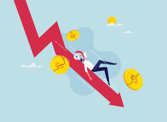 Investing risk or depression concept, business failure, economic recession or investment loss or stock market falling down, businessman investor slips on falling down stock market graph