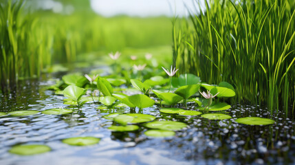 Serene image of waterway with lily pads and delicate flowers surrounded by lush green grass, evoking tranquility and natural