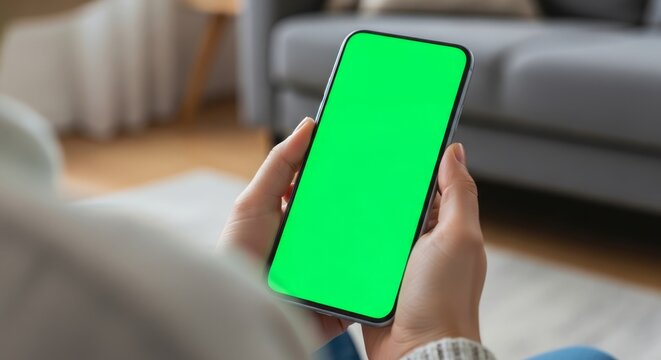Mobile Phone Green Screen Mockup Woman Holding Smartphone Chroma Key for App Promotion Online Marketing Digital - Powered by Adobe