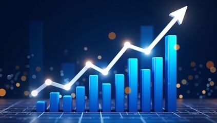 Blue business graph with an upward arrow illustrating financial market growth and success