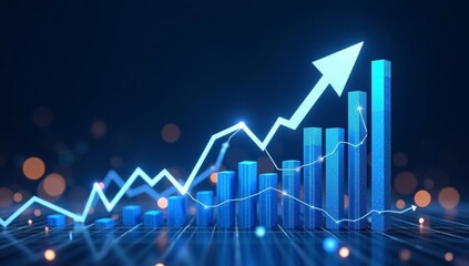 Blue business graph with an upward arrow illustrating financial market growth and success