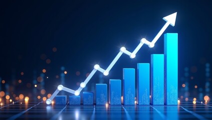 Blue business graph with an upward arrow illustrating financial market growth and success