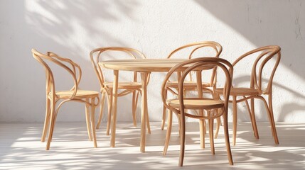 Light-toned wooden dining set in a sunlit room.