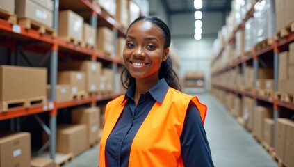 African American woman warehouse worker, looking at camera smiling. Logistics, shipping industry. Smiling Hispanic man, a business worker, stands in a retail warehouse.