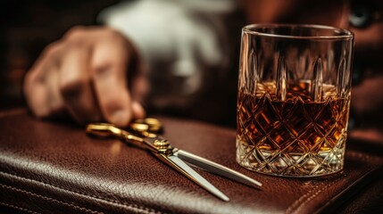 A man's hand holding a pair of scissors next to a glass of liquor. Concept of relaxation and indulgence, as the man is likely enjoying a drink while taking care of his grooming needs