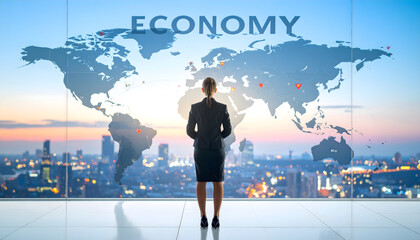 Businesswoman Contemplating Global Economy with World Map Backdrop and City Lights