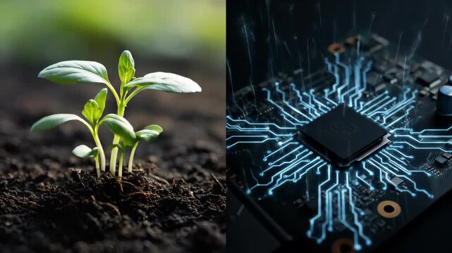 The Parallel Between Organic Life and Artificial Intelligence, Visualized by a Time-Lapse of a Sprouting Plant and an Expanding Digital CPU Network, Perfect for Tech Presentations.
