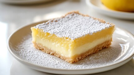 Lemon Bar with Powdered Sugar on a White Plate
