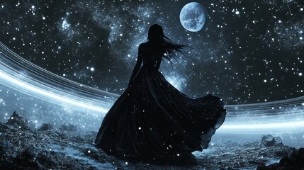 A silhouetted woman in a flowing gown, gazing at a starry night sky, cosmic rings, and a large moon