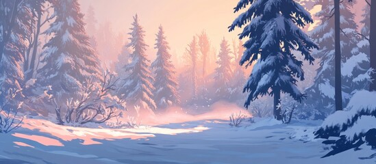 A winter wonderland scene, with snow-covered pines bathed in soft, rosy light