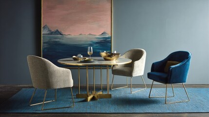 Dining chairs and a round table in a stylish contemporary room.