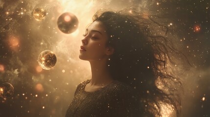 A woman with long, flowing hair, bathed in golden light and cosmic orbs, gazes serenely into space