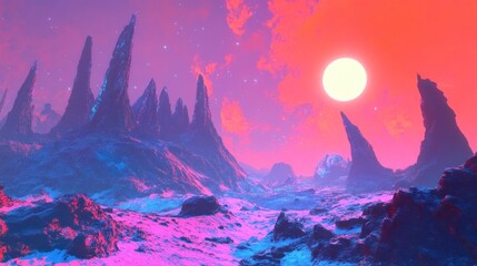 Alien landscape, vibrant sunset, jagged peaks