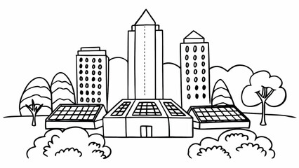 Obraz premium Illustration of city skyline with solar panels and trees for renewable energy concept drawing vector art
