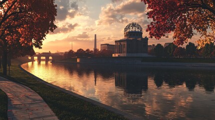 Autumnal city scene by a river, featuring a memorial