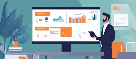 Business presentation with data visualization on a large screen. A man in a suit stands before a monitor displaying various charts and graphs