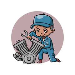 Mascot cartoon mechanics with wrenches, suitable for automotive or repair themed designs, comics, posters, or mechanic shop logos.