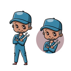 Mascot cartoon mechanics with wrenches, suitable for automotive or repair themed designs, comics, posters, or mechanic shop logos.