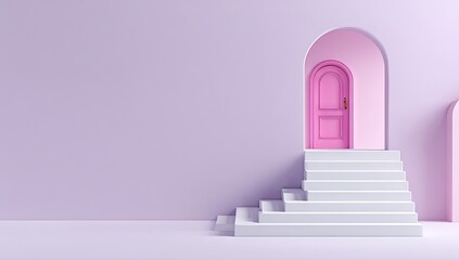 Obraz premium A pastel-toned interior scene with a pink door and white steps.