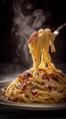 Pasta carbonara raining down with crispy pancetta and cheese clouds, creamy steam rising from below


