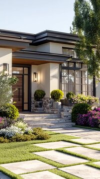 Entrance to a modern upscale house with a landscaped front yard