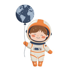 Cute Kid Astronaut Holding Earth Balloon, Space Exploration and Future Dream Vector