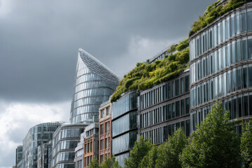 Obraz premium stunning collection of modern architectural facades showcasing sleek office buildings adorned with green roofs