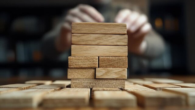 Hands carefully building tower of wooden blocks on a table