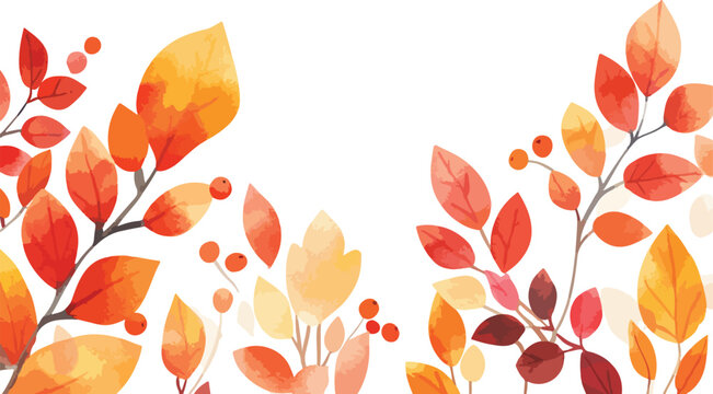 Watercolor Autumn Leaves and Berries Border Design on a White Background
