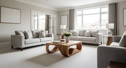 Neutral-toned living room with sculptural coffee table