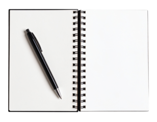  Open Notebook with Pen on Side, Top View, Transparent Background