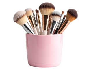 Makeup Brushes in Cup Holder, Angled View, Transparent Background