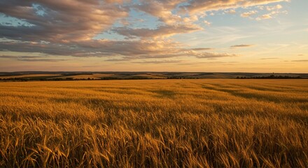 Idyllic Countryside View Of Ripe Wheat In Soft Golden Hour Light