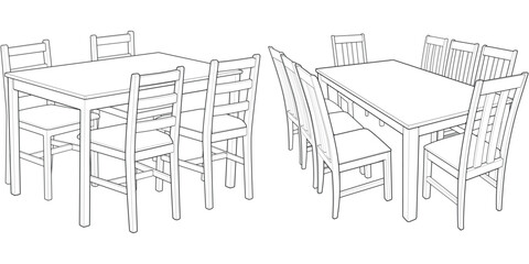 Hand-Drawn Dining Table Set Illustration. Outline Style Wooden Furniture for Interior and Home Design Projects