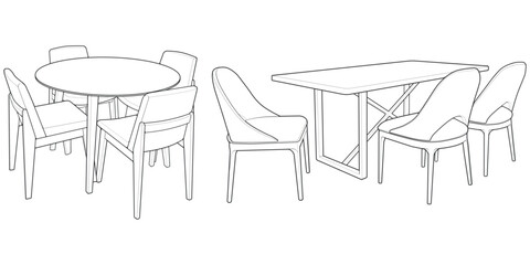 Hand-Drawn Dining Table Set Illustration. Outline Style Wooden Furniture for Interior and Home Design Projects