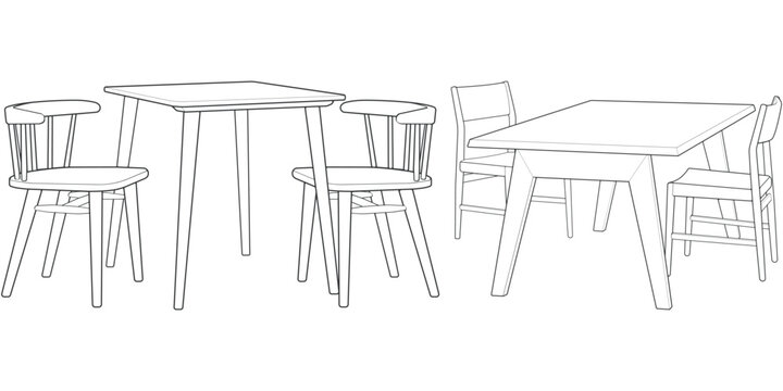 Hand-Drawn Dining Table Set Illustration. Outline Style Wooden Furniture for Interior and Home Design Projects